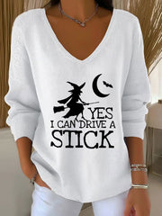 Women's witch "Yes I Can Drive A Stick" print knit top