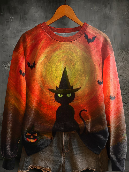 Women's Ha0lloween Black Cat Print Regular Sweatshirt