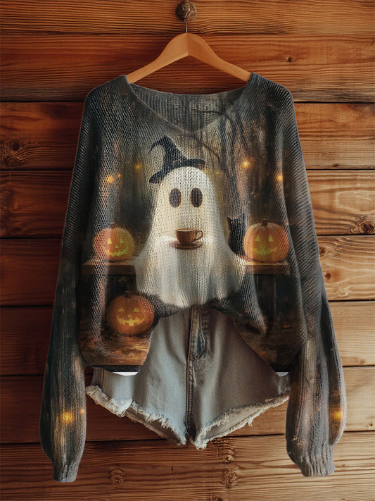 Women's Vintage HalloweenCute Ghost with Coffee and Black Cat in the Forest Printed V-Neck Long Sleeve Top