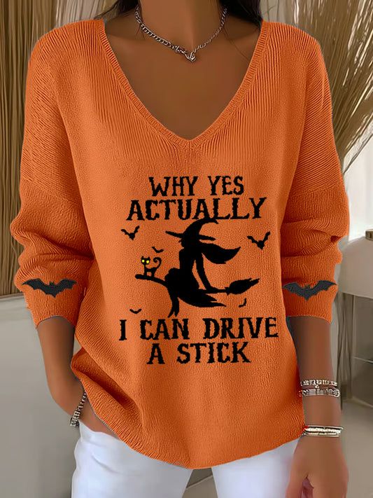 Women's Halloween Why Yes Actually I Can drive A Stick Casual V-Neck Ribbed Top