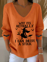 Women's Halloween Why Yes Actually I Can drive A Stick Casual V-Neck Ribbed Top