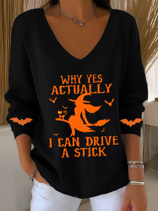 Women's Halloween Why Yes Actually I Can drive A Stick Casual V-Neck Ribbed Top
