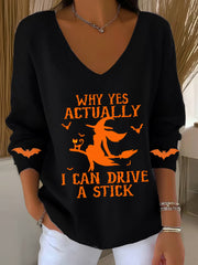 Women's Halloween Why Yes Actually I Can drive A Stick Casual V-Neck Ribbed Top
