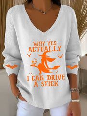 Women's Halloween Why Yes Actually I Can drive A Stick Casual V-Neck Ribbed Top