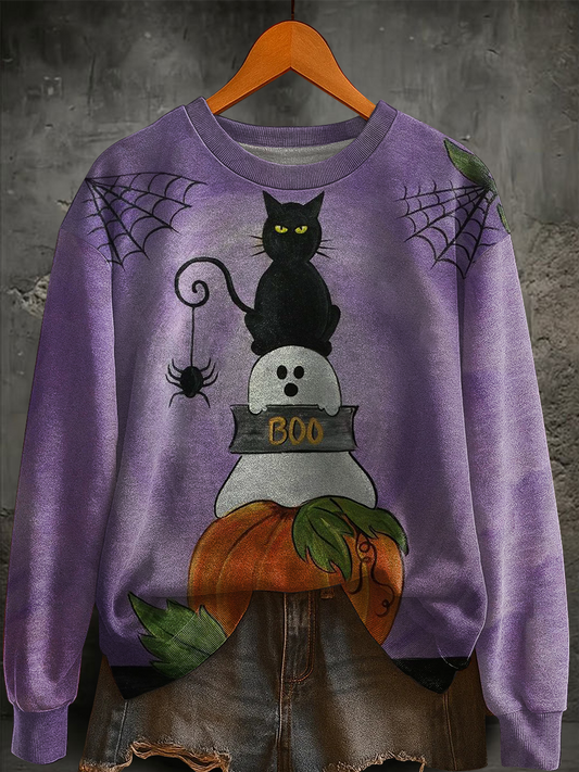 Women's Halloween Black Cat Ghost Regular Sweatshirt