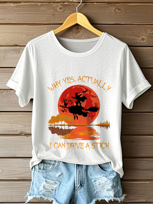 Women's Witch "Yes, I Can Drive A Stick" printed T-shirt