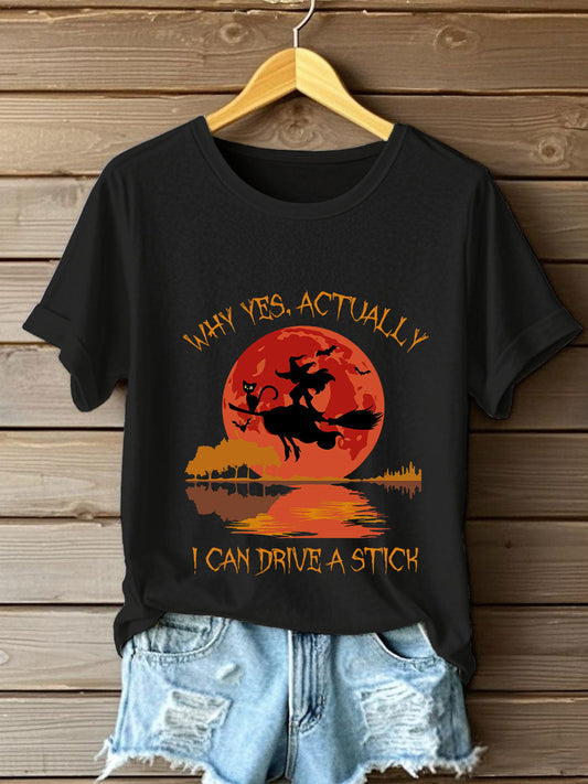 Women's Witch "Yes, I Can Drive A Stick" printed T-shirt