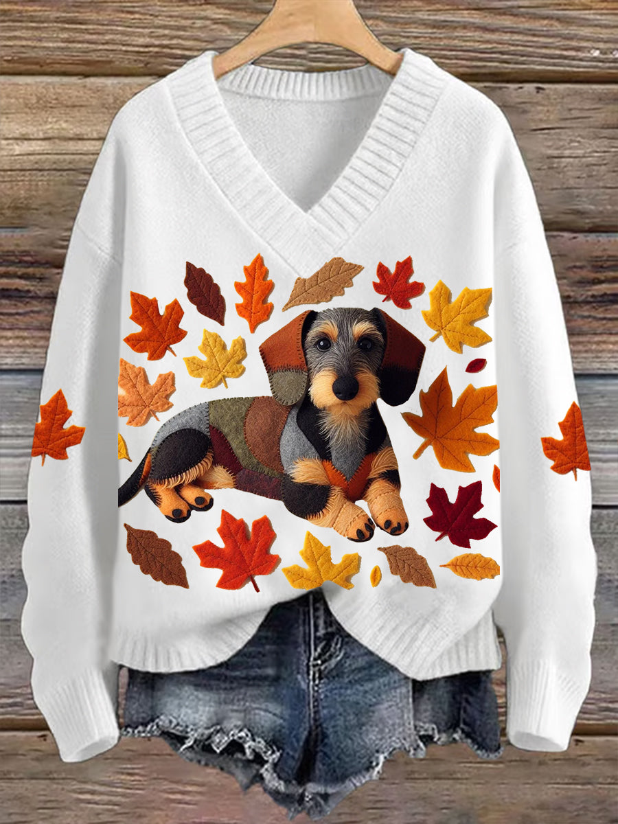 Women's Dachshund Maple Leaf V-neck Imitation Sweater