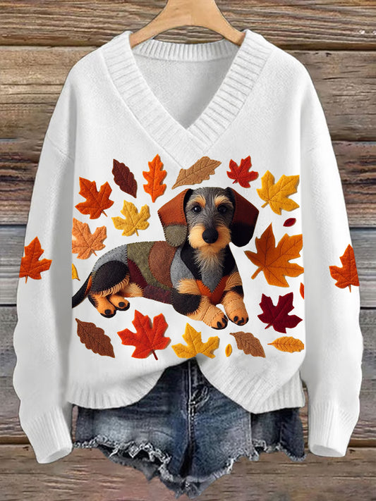 Women's Dachshund Maple Leaf V-neck Imitation Sweater