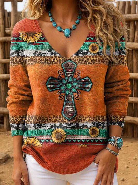 Women's Retro Western Cross Print Caual Long-Sleeve Top