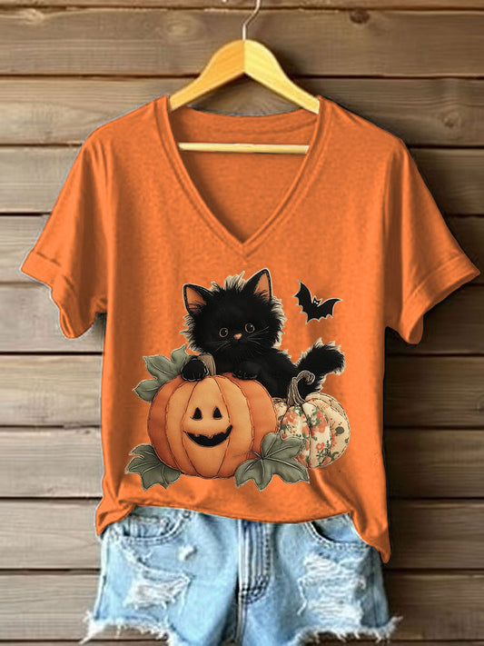 Women's Black Kitten Pumpkin Patchwork Printed Casual T-Shirt
