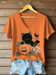 Women's Black Kitten Pumpkin Patchwork Printed Casual T-Shirt