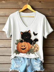 Women's Black Kitten Pumpkin Patchwork Printed Casual T-Shirt