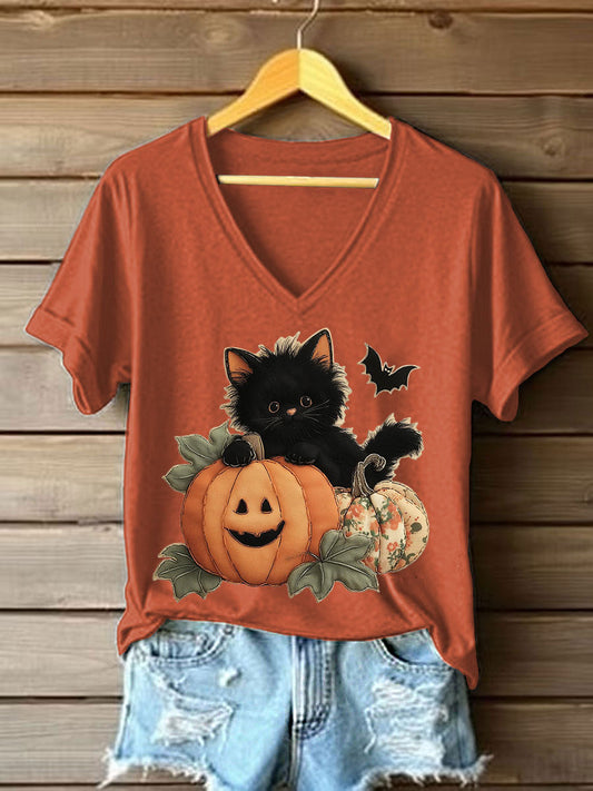 Women's Black Kitten Pumpkin Patchwork Printed Casual T-Shirt