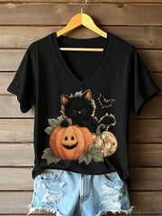 Women's Black Kitten Pumpkin Patchwork Printed Casual T-Shirt