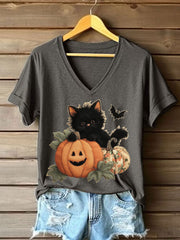 Women's Black Kitten Pumpkin Patchwork Printed Casual T-Shirt