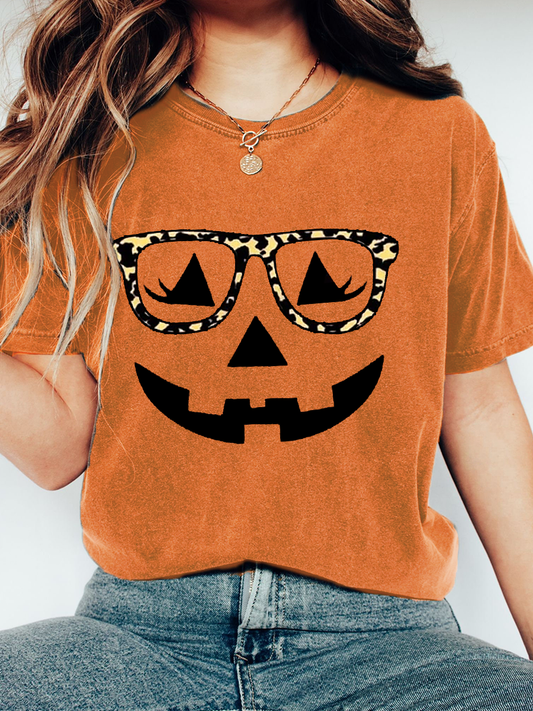 Women's Pumpkin Face Print Casual T-Shirt